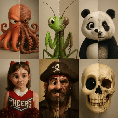 Example output from the Real vs Stylized Portraits ChatGPT prompt: split-screen character portraits with torn-paper edges, featuring hyperreal rendering on one side and cartoon-style art on the other, using balanced vertical framing.