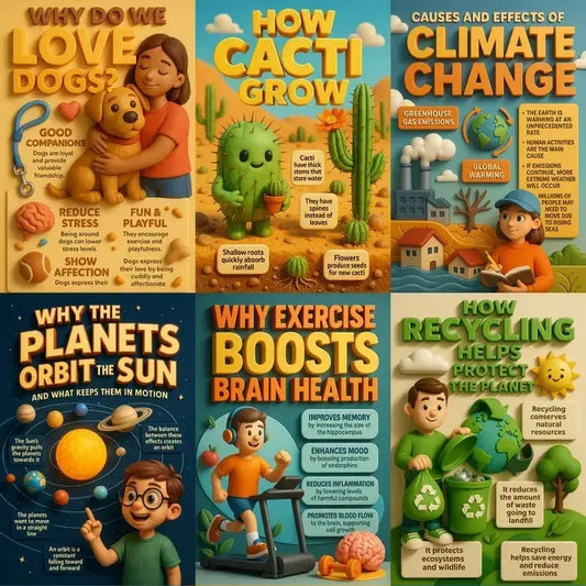 Example output from the Realistic 3D Learning Tip Flyers ChatGPT prompt: educational posters with 3D characters, dynamic tip callouts, and colorful layouts, featuring cinematic lighting and bold, scene-integrated titles.