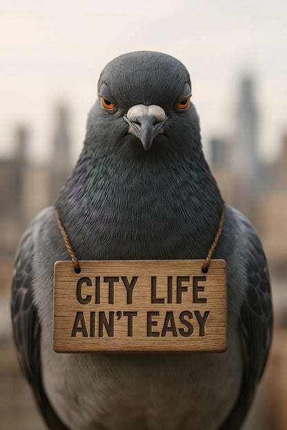 Example output from the Realistic Animal Shots Editable Signs ChatGPT prompt: high-detail animal portrait. City life ain't easy.
