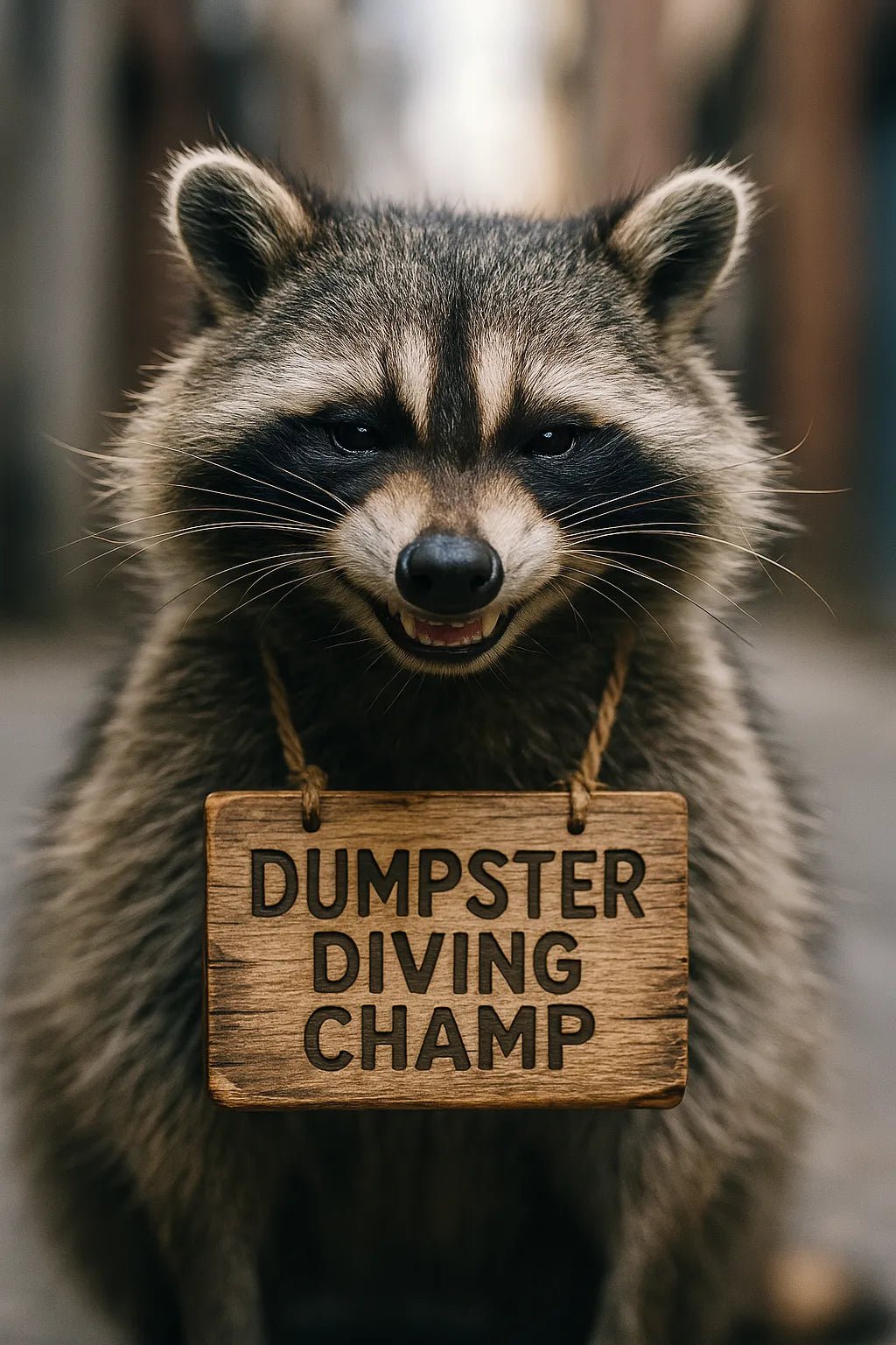Example output from the Realistic Animal Shots Editable Signs ChatGPT prompt: high-detail animal portrait. Dumpster diving champ.