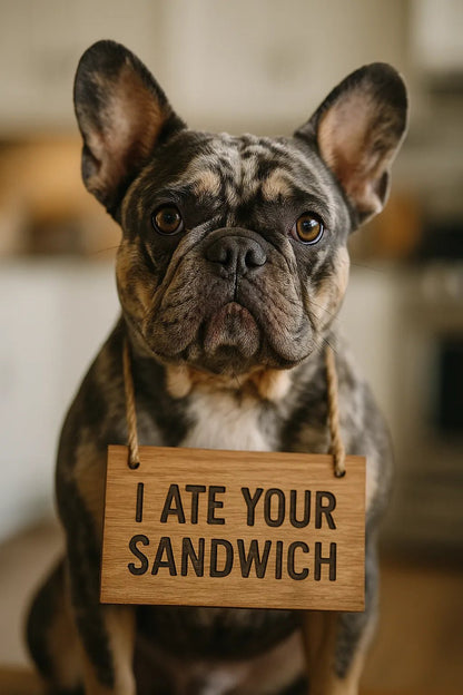 Example output from the Realistic Animal Shots Editable Signs ChatGPT prompt: high-detail animal portrait. I ate your sandwich.