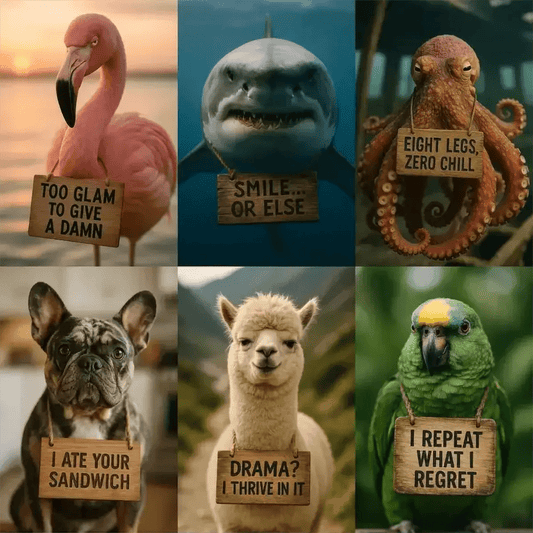 Example output from the Realistic Animal Shots Editable Signs ChatGPT prompt: high-detail animal portraits holding custom wood signs, featuring dramatic depth of field, expressive eyes, and rich blurred backdrops.