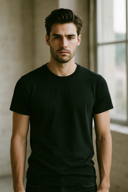 Example output from the Realistic Black T Shirt Mockups ChatGPT prompt: DSLR-style portraits of models wearing black tees. Preview 2