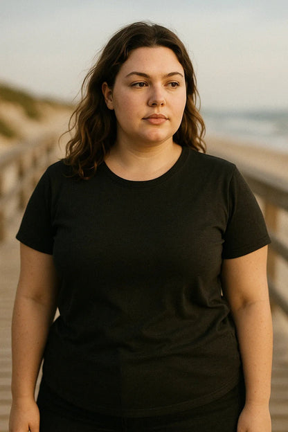 Example output from the Realistic Black T Shirt Mockups ChatGPT prompt: DSLR-style portraits of models wearing black tees. Preview 6