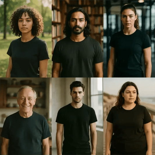 Example output from the Realistic Black T Shirt Mockups ChatGPT prompt: DSLR-style portraits of models wearing black tees, featuring soft lighting, crisp textile textures, and a shallow-focus cinematic backdrop.