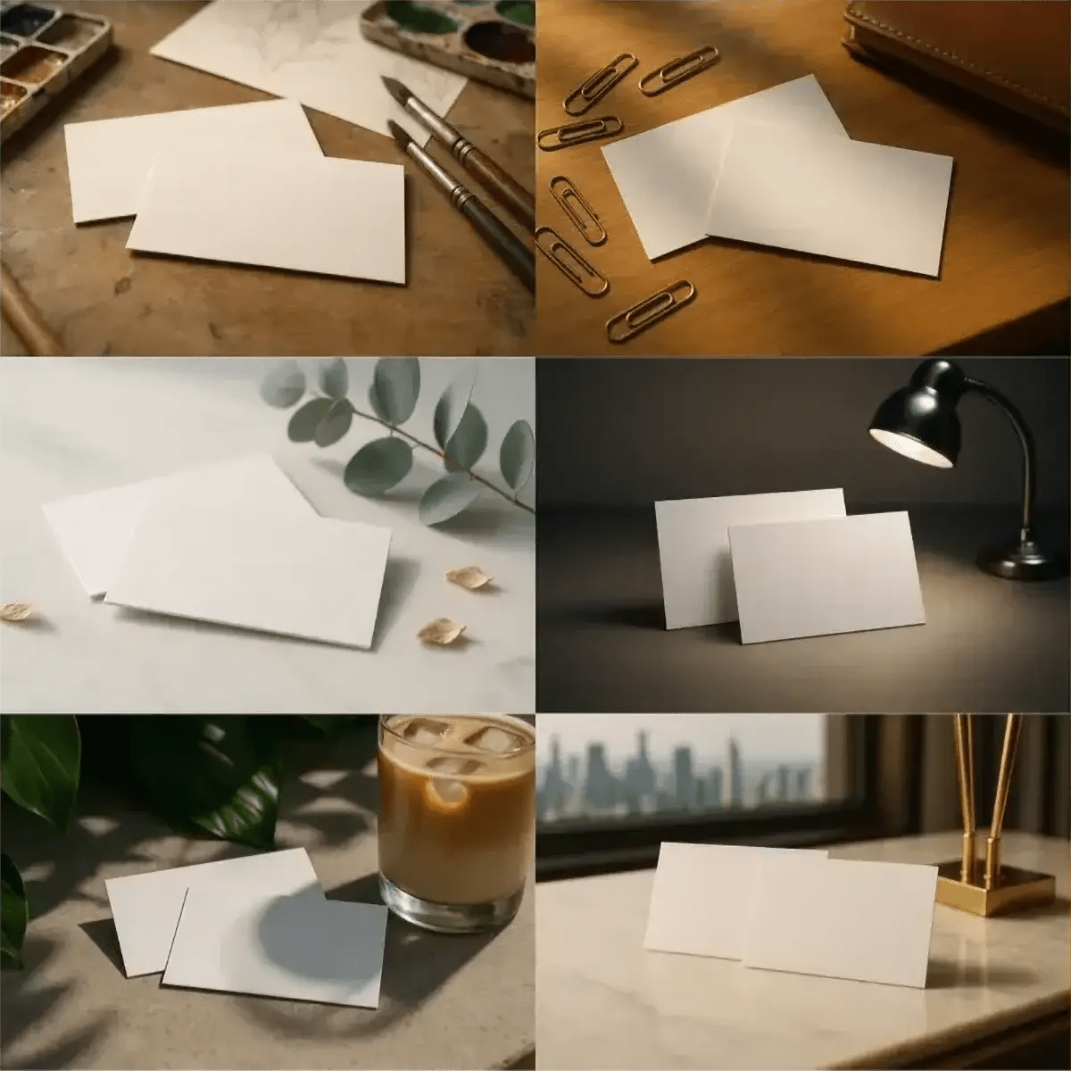 Example output from the Realistic Business Card Mockups ChatGPT prompt: premium business card scenes on wood, stone, and desk setups, featuring soft ambient shadows, neutral tones, and matte paper finishes.