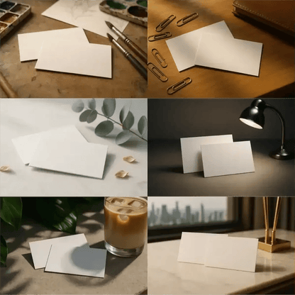 Example output from the Realistic Business Card Mockups ChatGPT prompt: premium business card scenes on wood, stone, and desk setups, featuring soft ambient shadows, neutral tones, and matte paper finishes.