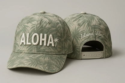Example output from the Realistic Snapback Cap Design Mockup ChatGPT prompt: Aloha
