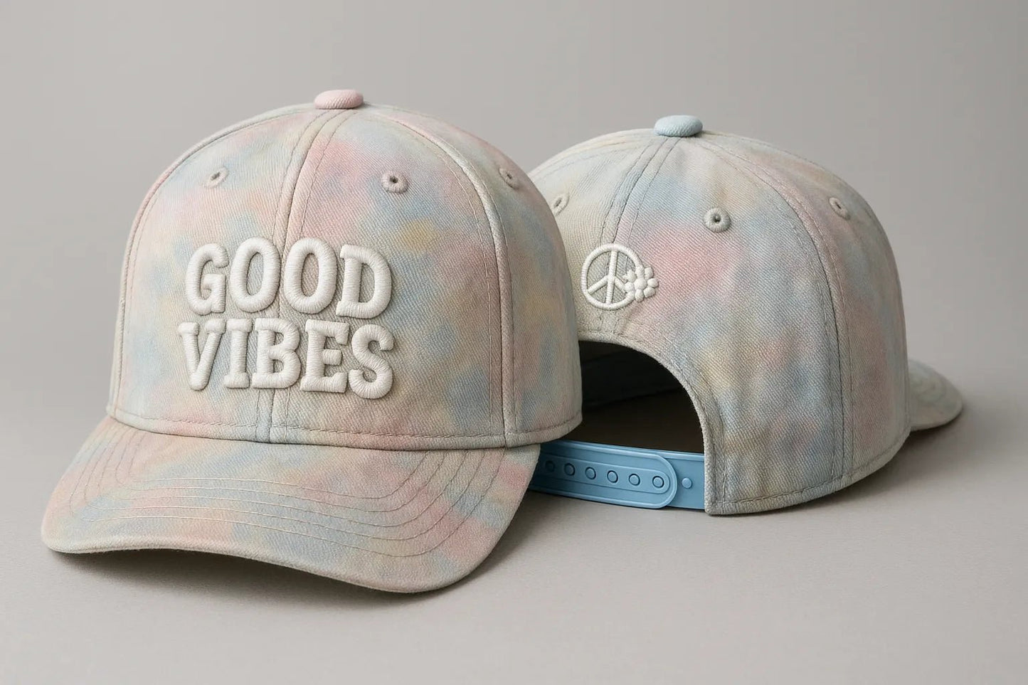 Example output from the Realistic Snapback Cap Design Mockup ChatGPT prompt: Good Vibes