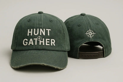 Example output from the Realistic Snapback Cap Design Mockup ChatGPT prompt: Hunt Gather