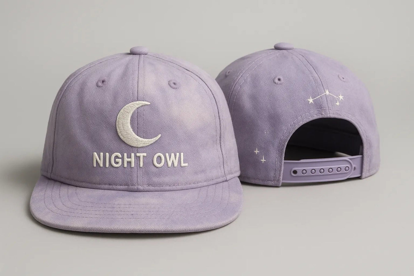 Example output from the Realistic Snapback Cap Design Mockup ChatGPT prompt: Night Owl