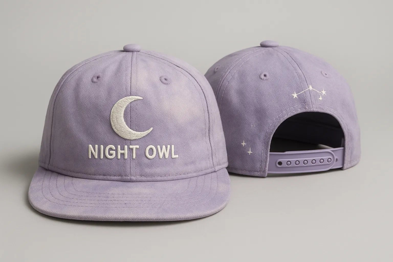 Example output from the Realistic Snapback Cap Design Mockup ChatGPT prompt: Night Owl