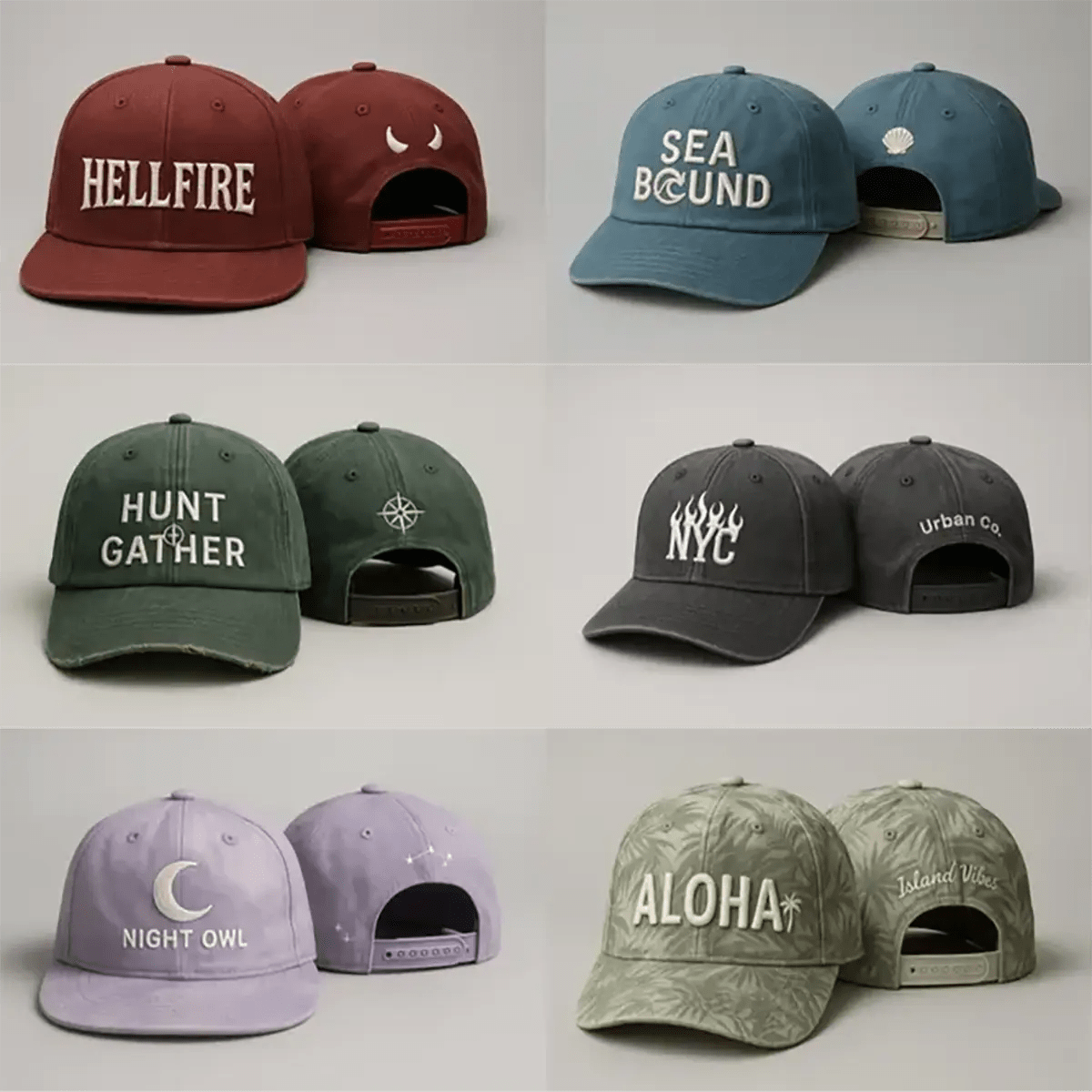 Example output from the Realistic Snapback Cap Design Mockup ChatGPT prompt: ultra-realistic embroidered caps in studio lighting, customizable with colors, logos, and strap details, shown in professional product mockup style.