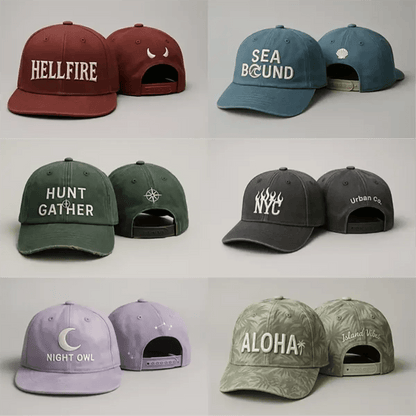Example output from the Realistic Snapback Cap Design Mockup ChatGPT prompt: ultra-realistic embroidered caps in studio lighting, customizable with colors, logos, and strap details, shown in professional product mockup style.