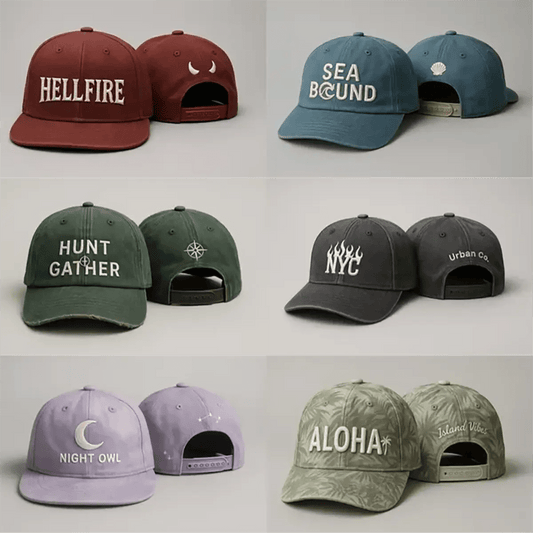 Example output from the Realistic Snapback Cap Design Mockup ChatGPT prompt: ultra-realistic embroidered caps in studio lighting, customizable with colors, logos, and strap details, shown in professional product mockup style.