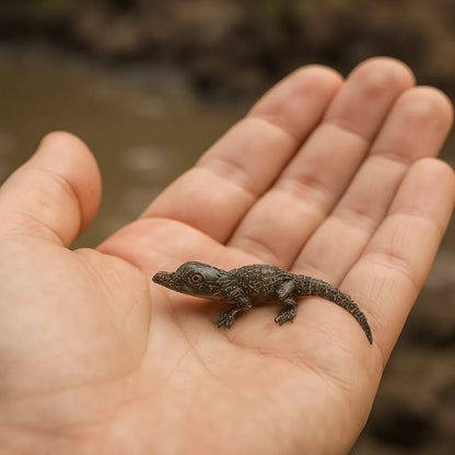 Example output from the Realistic Tiny Animals In Hands ChatGPT prompt: fingertip-scale portrait. Crocodille.