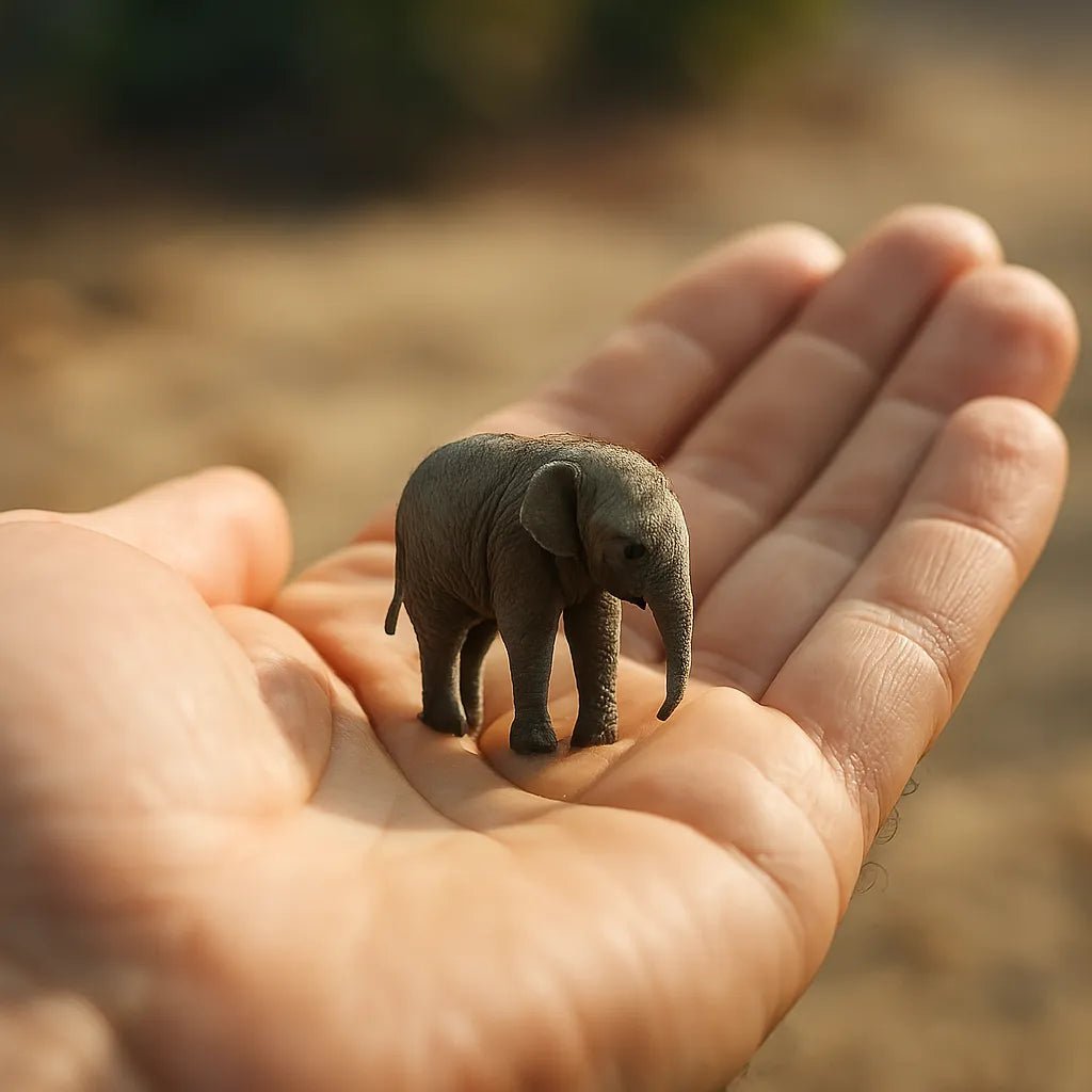 Example output from the Realistic Tiny Animals In Hands ChatGPT prompt: fingertip-scale portrait. Elephant.