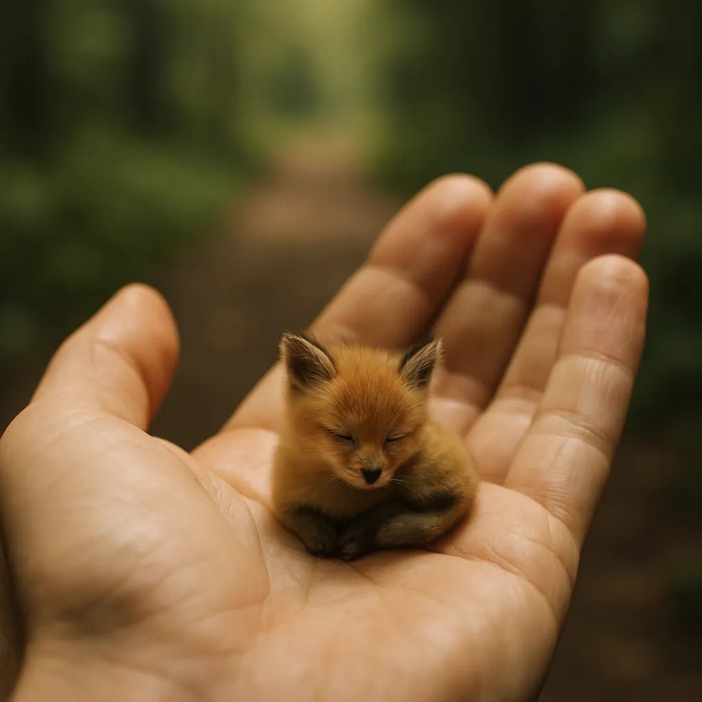 Example output from the Realistic Tiny Animals In Hands ChatGPT prompt: fingertip-scale portrait. Fox.