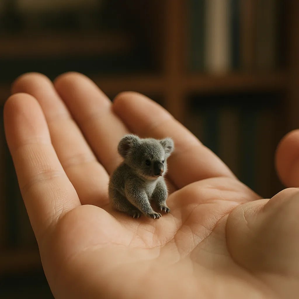 Example output from the Realistic Tiny Animals In Hands ChatGPT prompt: fingertip-scale portrait. Koala.