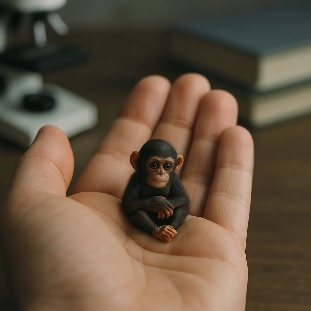Example output from the Realistic Tiny Animals In Hands ChatGPT prompt: fingertip-scale portrait. Monkey.
