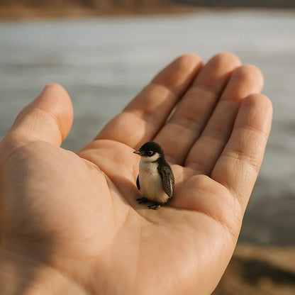 Example output from the Realistic Tiny Animals In Hands ChatGPT prompt: fingertip-scale portrait. Penguin.