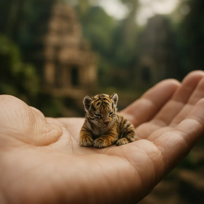 Example output from the Realistic Tiny Animals In Hands ChatGPT prompt: fingertip-scale portrait. Tiger.