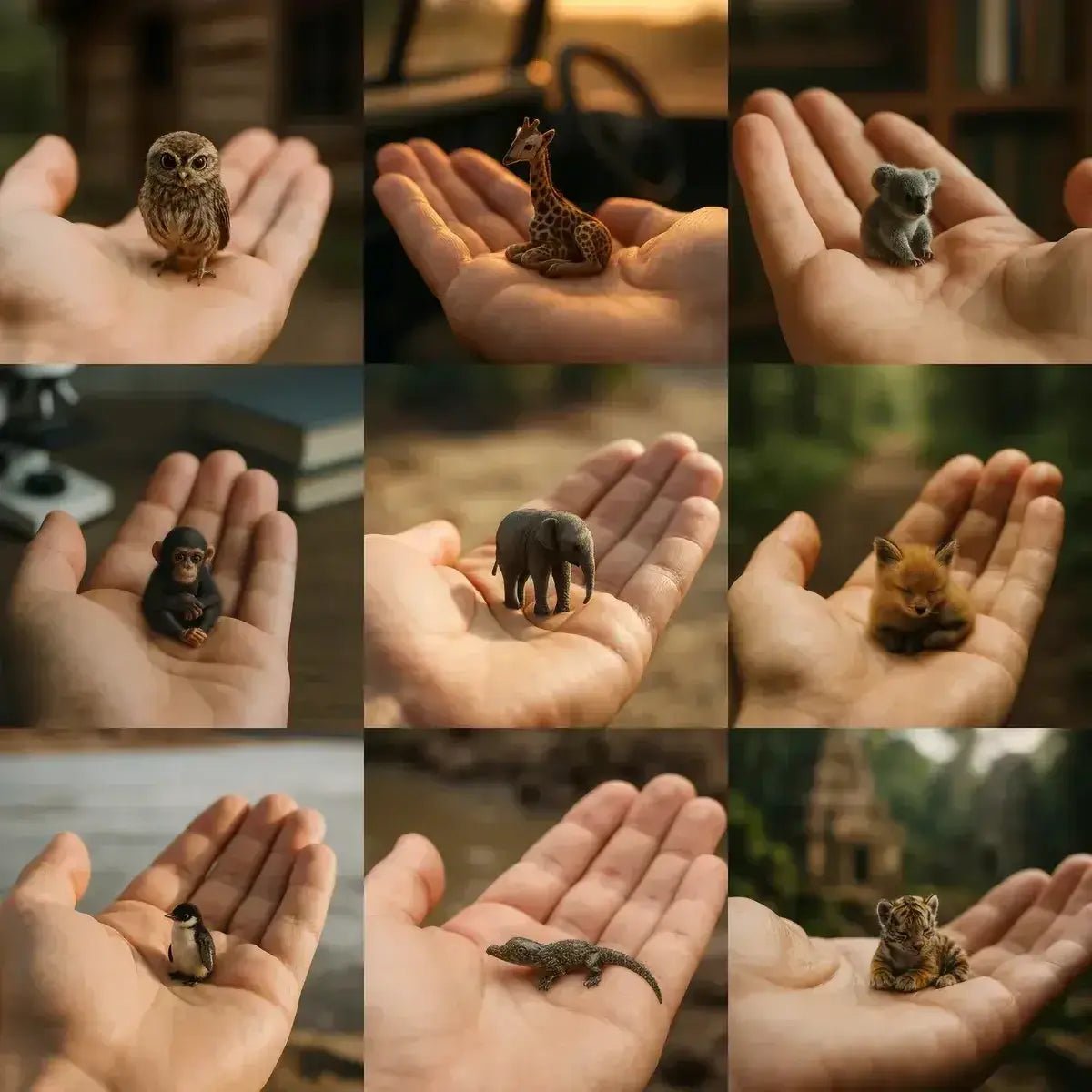 Example output from the Realistic Tiny Animals In Hands ChatGPT prompt: fingertip-scale portraits of tiny animals cupped in human hands, featuring lifelike textures, warm lighting, and cinematic macro detail.