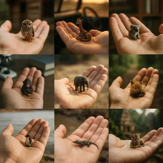 Example output from the Realistic Tiny Animals In Hands ChatGPT prompt: fingertip-scale portraits of tiny animals cupped in human hands, featuring lifelike textures, warm lighting, and cinematic macro detail.