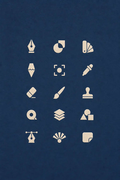 Example output from the Refined Micro Icon Grids ChatGPT prompt: a creative tools icon grid in cream on navy, with nib pen, color swatches, pencil, brush, layers and bezier symbols.
