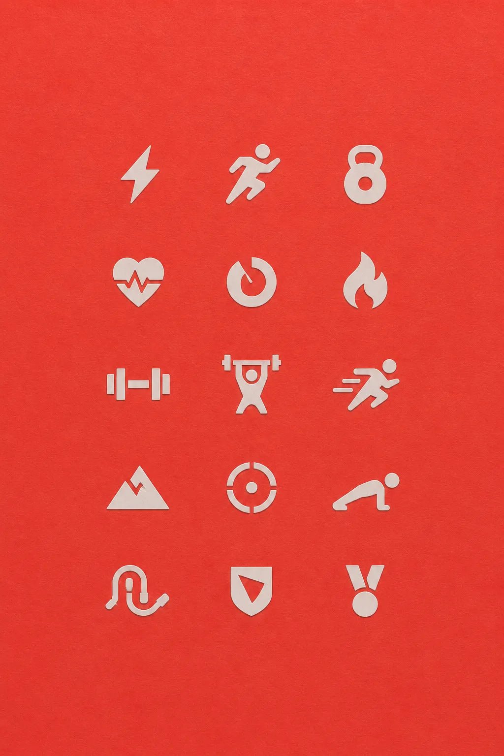 Example output from the Refined Micro Icon Grids ChatGPT prompt: a fitness icon grid in white on red, with runner, kettlebell, heart rate, dumbbell, flame and medal symbols.