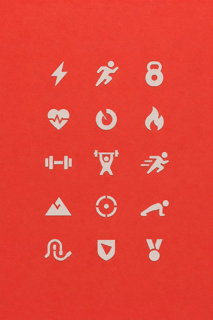 Example output from the Refined Micro Icon Grids ChatGPT prompt: a fitness icon grid in white on red, with runner, kettlebell, heart rate, dumbbell, flame and medal symbols.