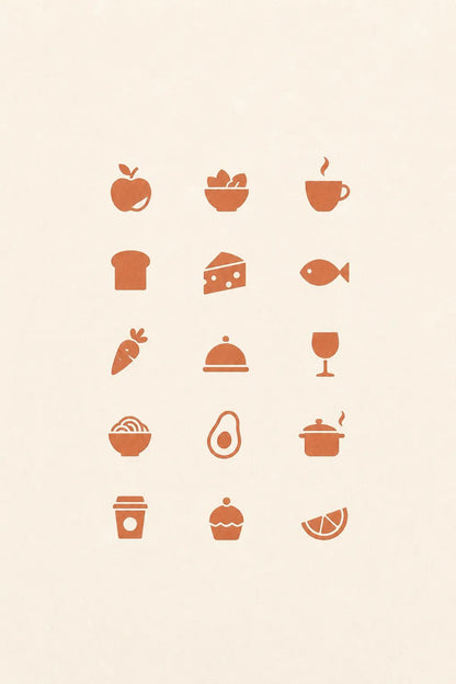 Example output from the Refined Micro Icon Grids ChatGPT prompt: a food and drink icon grid in terracotta on cream, with apple, salad bowl, coffee cup, bread, cheese and fish symbols.