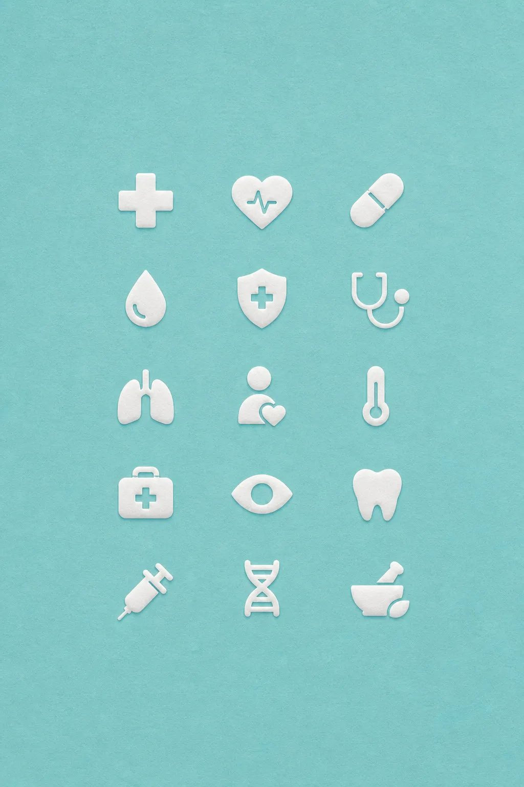 Example output from the Refined Micro Icon Grids ChatGPT prompt: a healthcare icon grid in white on teal, with cross, heartbeat, pill, stethoscope, lungs, tooth and DNA symbols.