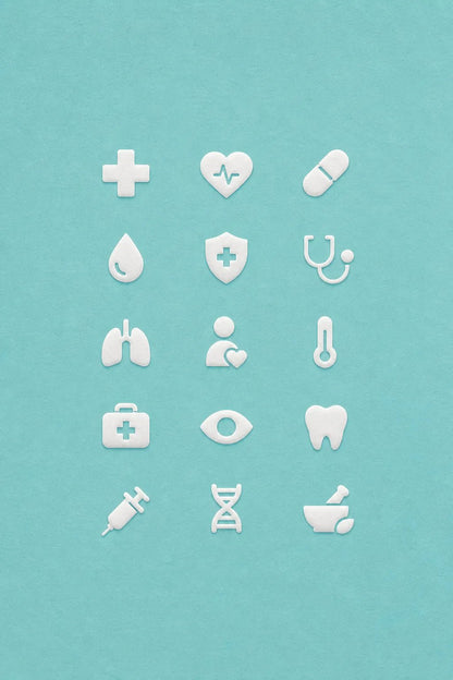 Example output from the Refined Micro Icon Grids ChatGPT prompt: a healthcare icon grid in white on teal, with cross, heartbeat, pill, stethoscope, lungs, tooth and DNA symbols.