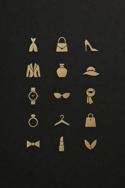 Example output from the Refined Micro Icon Grids ChatGPT prompt: a luxury fashion icon grid in gold on black, with handbag, heel, coat, hat, watch, ring and lipstick symbols.