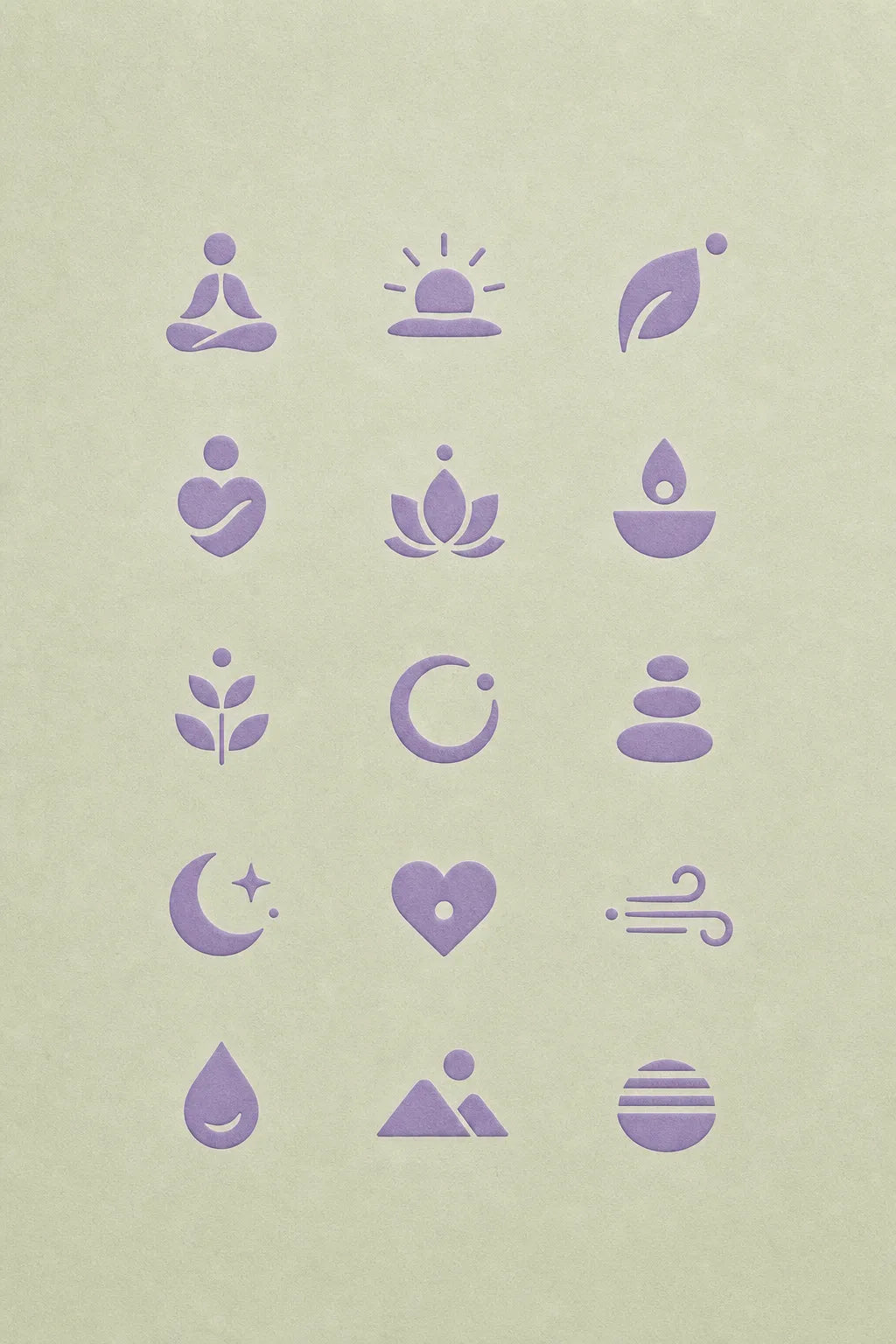Example output from the Refined Micro Icon Grids ChatGPT prompt: a wellness icon grid in lavender on sage, with meditation figure, sunrise, lotus, leaf, stacked stones and moon symbols.