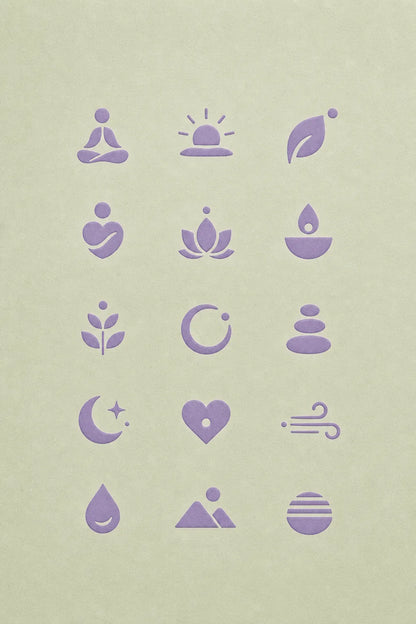 Example output from the Refined Micro Icon Grids ChatGPT prompt: a wellness icon grid in lavender on sage, with meditation figure, sunrise, lotus, leaf, stacked stones and moon symbols.