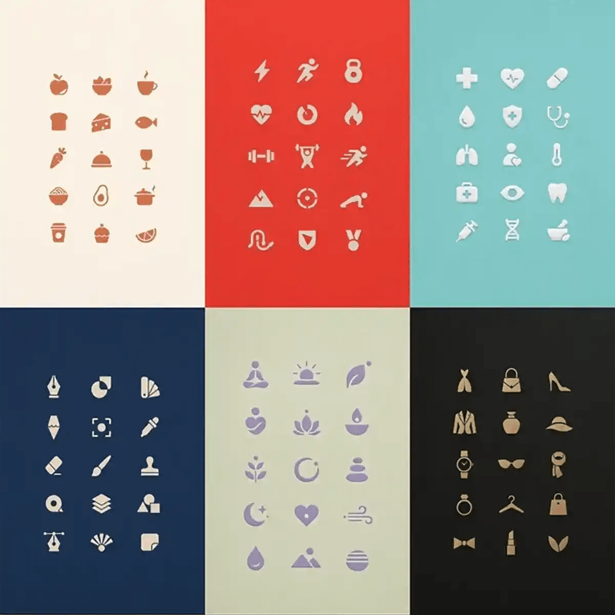 Example output from the Refined Micro Icon Grids ChatGPT prompt: six minimalist icon grids on cream, red, teal, navy, sage and black backgrounds, covering food and drink, fitness, healthcare, creative tools, wellness and luxury fashion.