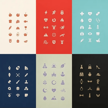 Example output from the Refined Micro Icon Grids ChatGPT prompt: six minimalist icon grids on cream, red, teal, navy, sage and black backgrounds, covering food and drink, fitness, healthcare, creative tools, wellness and luxury fashion.