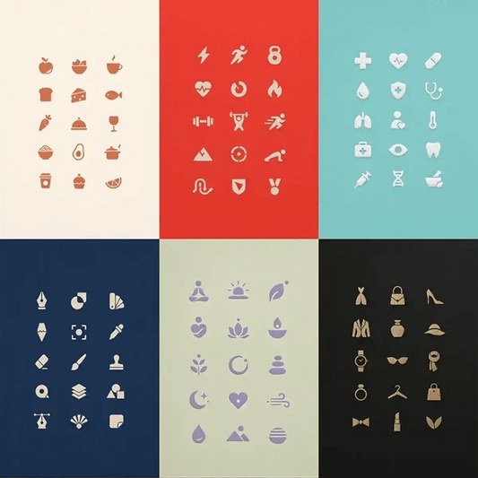 Example output from the Refined Micro Icon Grids ChatGPT prompt: six minimalist icon grids on cream, red, teal, navy, sage and black backgrounds, covering food and drink, fitness, healthcare, creative tools, wellness and luxury fashion.