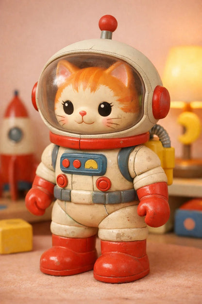 Example output from the Retro 3D Toy Character Figures ChatGPT prompt: a retro plastic toy figure of a ginger cat astronaut in a worn white spacesuit with red boots.
