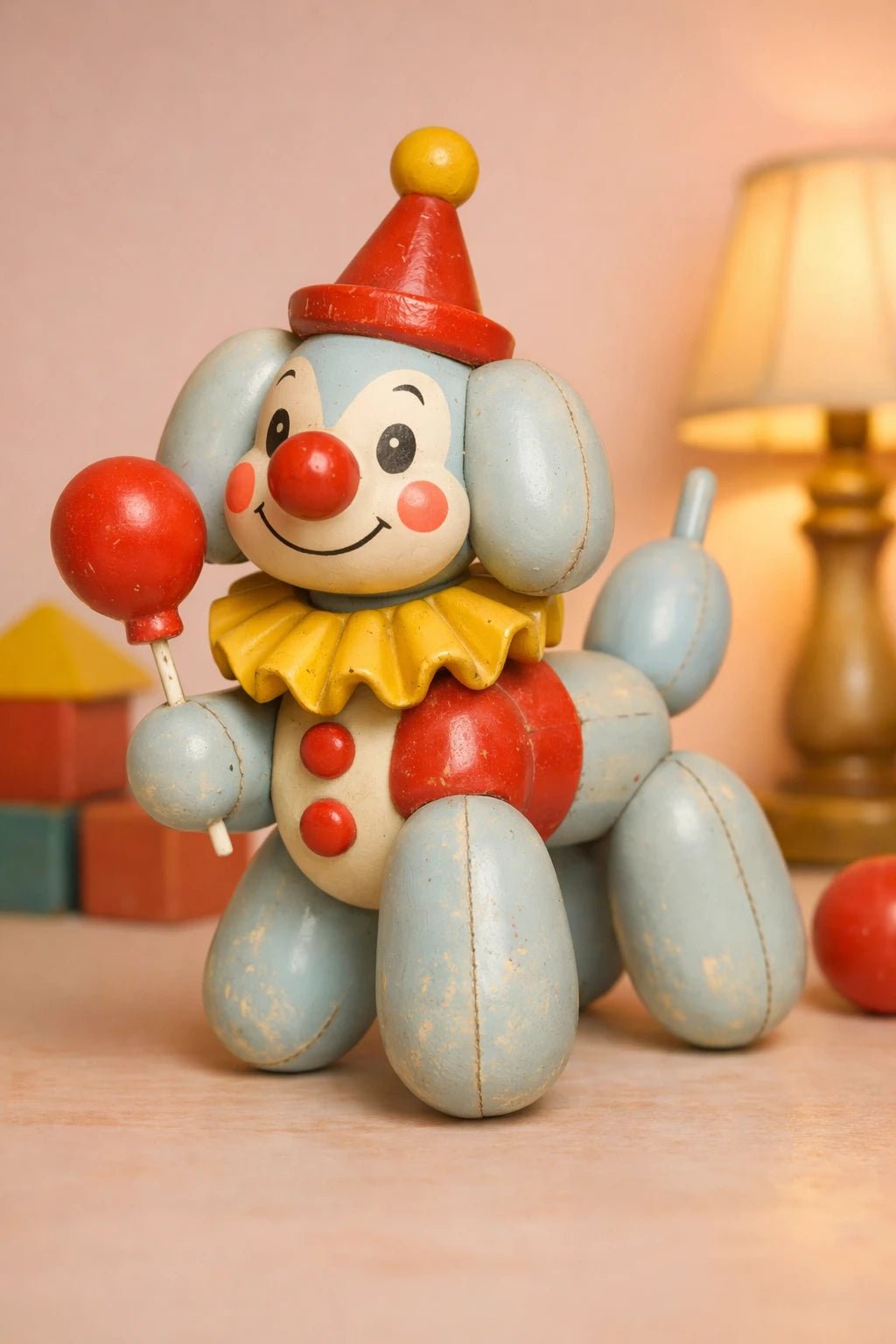 Example output from the Retro 3D Toy Character Figures ChatGPT prompt: a retro plastic toy figure of a balloon dog clown in a party hat holding a red balloon.