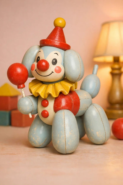 Example output from the Retro 3D Toy Character Figures ChatGPT prompt: a retro plastic toy figure of a balloon dog clown in a party hat holding a red balloon.