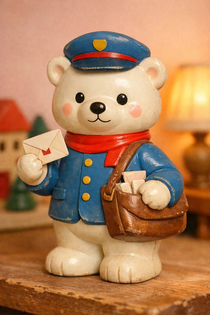 Example output from the Retro 3D Toy Character Figures ChatGPT prompt: a retro plastic toy figure of a bear postman with authentic plastic texture, paint wear and soft nostalgic lighting.