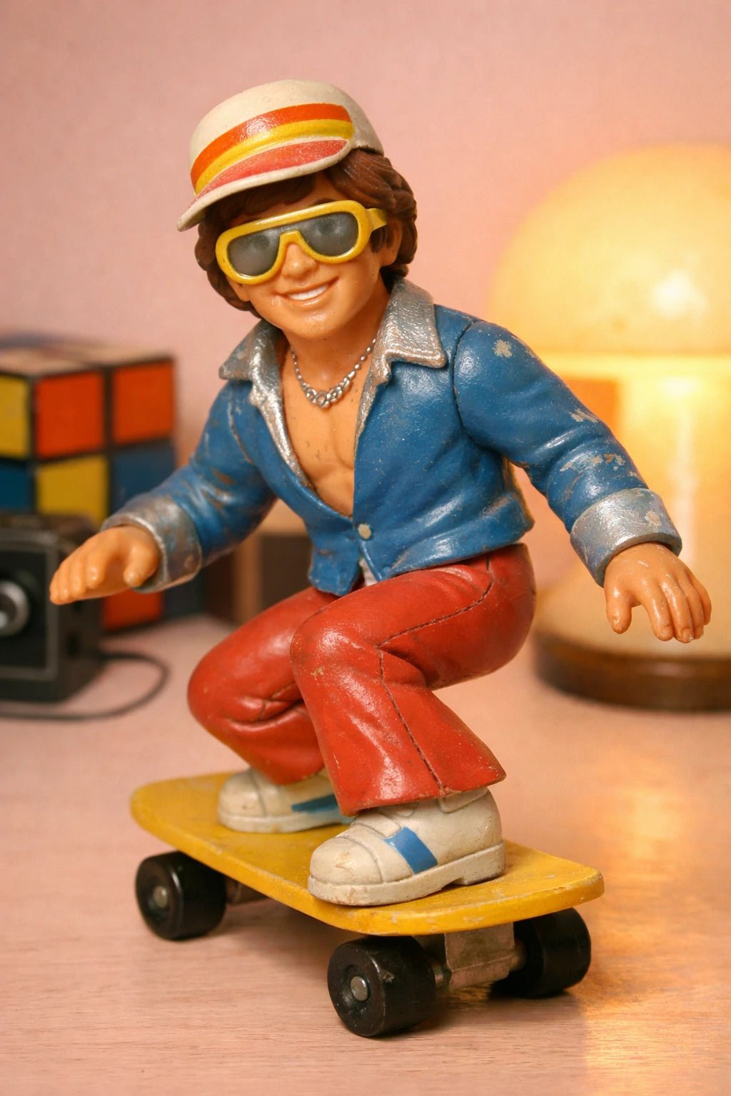 Example output from the Retro 3D Toy Character Figures ChatGPT prompt: a retro plastic toy figure of a disco skateboarder with authentic plastic texture, paint wear and soft nostalgic lighting.