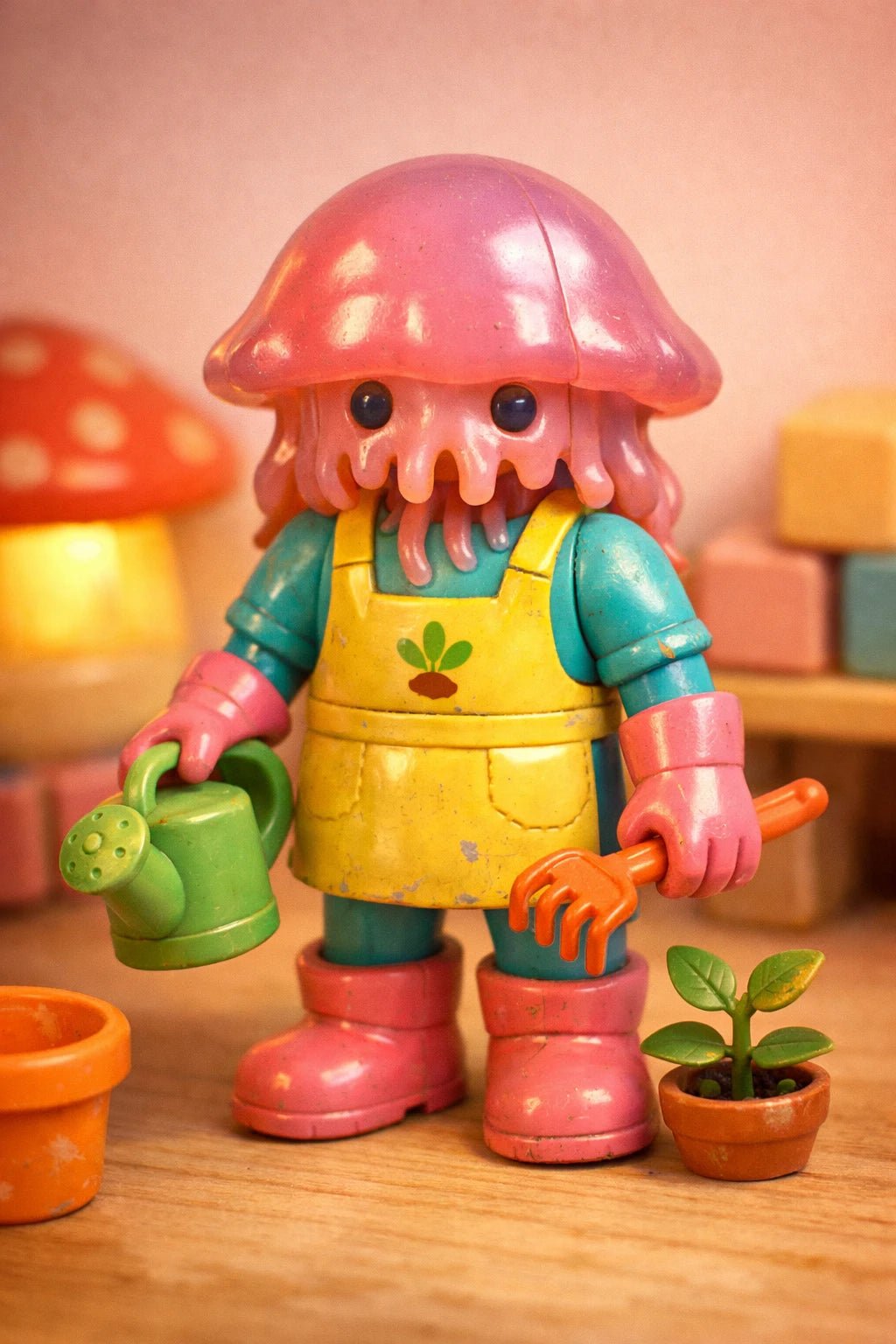 Example output from the Retro 3D Toy Character Figures ChatGPT prompt: a retro plastic toy figure of a pink jellyfish gardener in an apron holding a watering can and trowel.