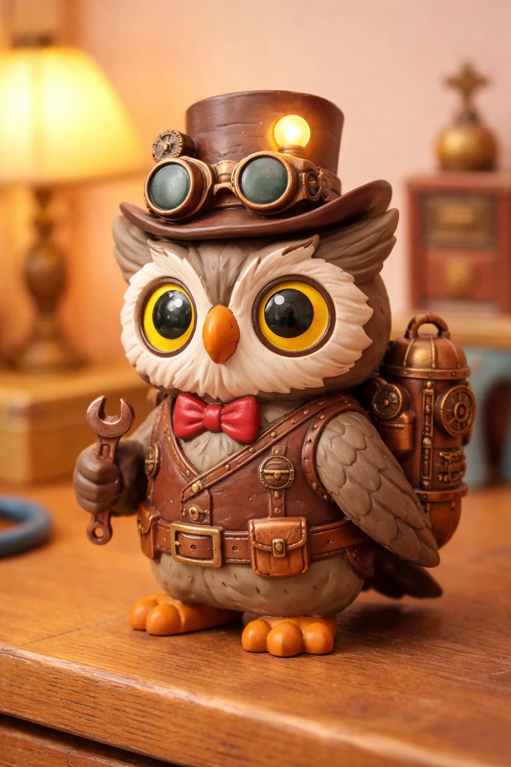 Example output from the Retro 3D Toy Character Figures ChatGPT prompt: a retro plastic toy figure of an owl inventor in a top hat with goggles, bow tie and a small wrench.