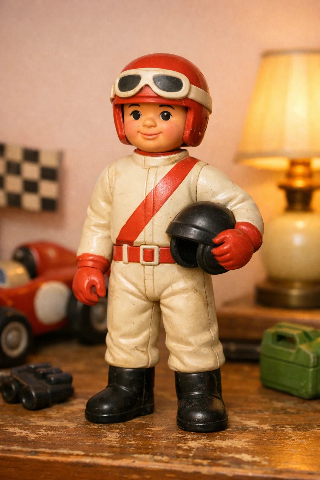 Example output from the Retro 3D Toy Character Figures ChatGPT prompt: a retro plastic toy figure of a race car driver in a helmet and goggles holding a spare helmet.