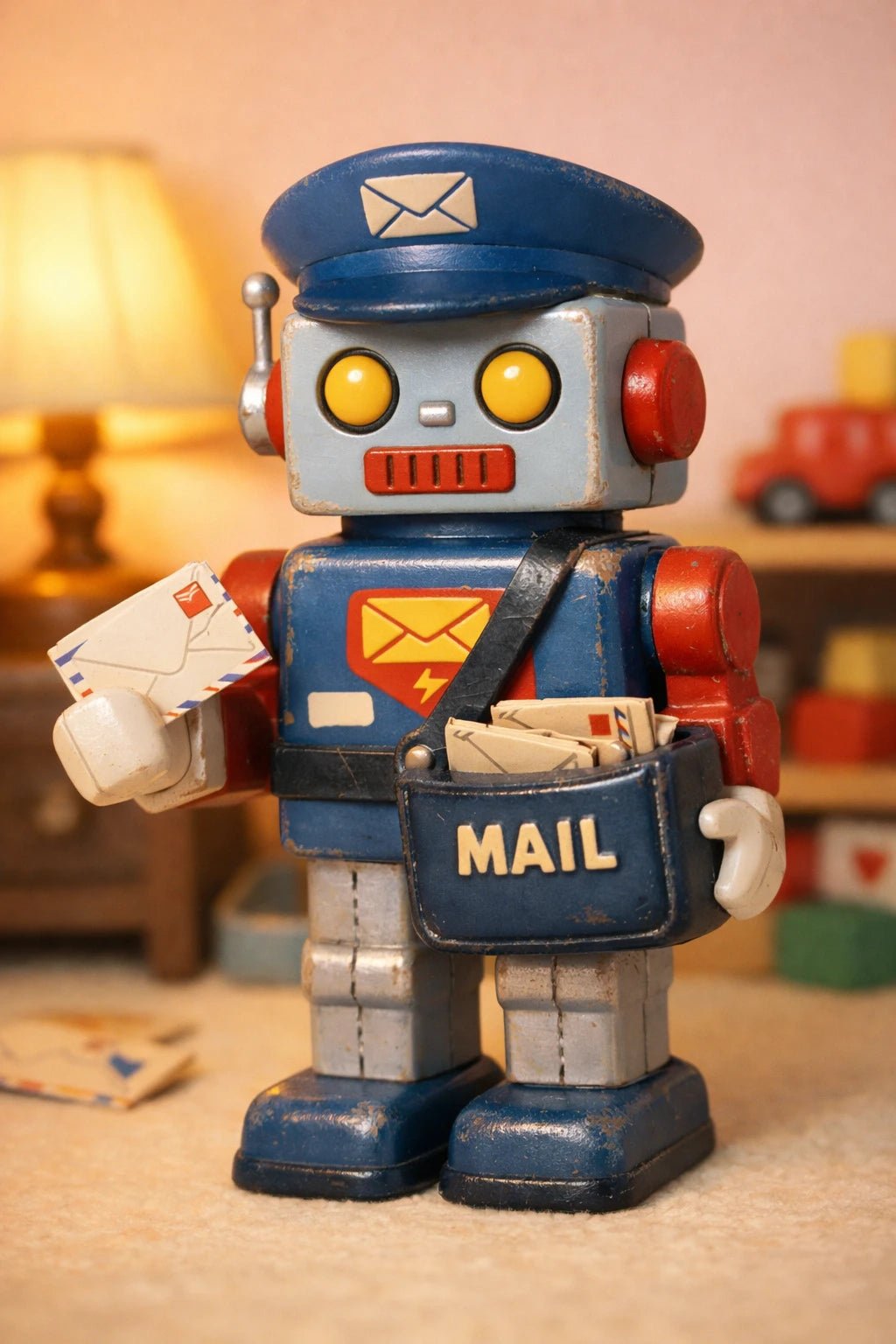 Example output from the Retro 3D Toy Character Figures ChatGPT prompt: a retro plastic toy figure of a robot mailman with authentic plastic texture, paint wear and soft nostalgic lighting.