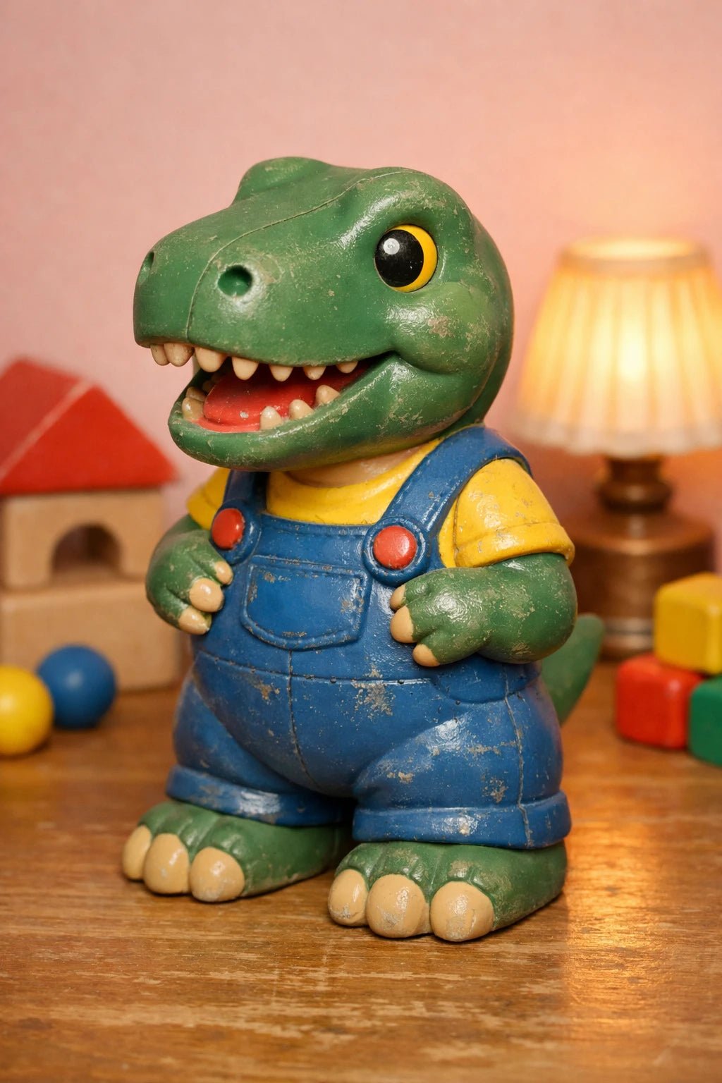 Example output from the Retro 3D Toy Character Figures ChatGPT prompt: a retro plastic toy figure of a green T-rex in blue dungarees with worn paint and soft nostalgic lighting.